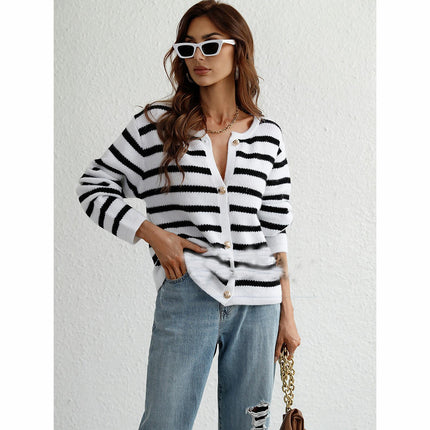 Women's Striped Knit Long Sleeve Single Breasted Cardigan Short Sweater