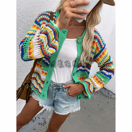 Women's Rainbow Knit Button Cardigan Sweater Long Sleeve Multicolor Striped Sweater Cardigan Jacket