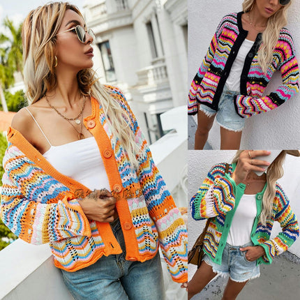 Women's Rainbow Knit Button Cardigan Sweater Long Sleeve Multicolor Striped Sweater Cardigan Jacket