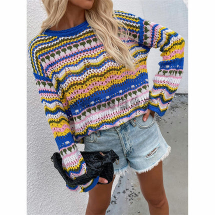 Women's Rainbow Knit Crew Neck Sweater Long Sleeve Multicolor Striped Pullover Top