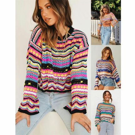 Women's Rainbow Knit Crew Neck Sweater Long Sleeve Multicolor Striped Pullover Top