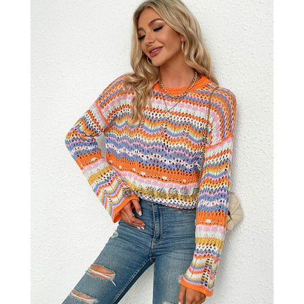 Women's Rainbow Knit Crew Neck Sweater Long Sleeve Multicolor Striped Pullover Top