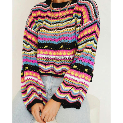 Women's Rainbow Knit Crew Neck Sweater Long Sleeve Multicolor Striped Pullover Top