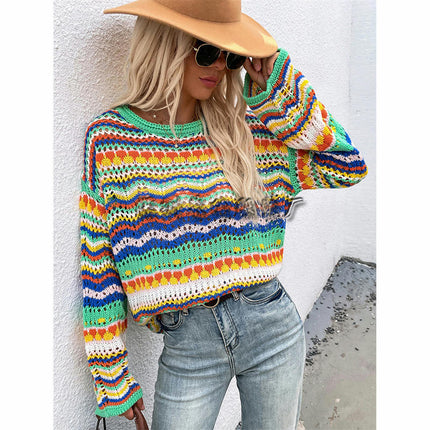 Women's Rainbow Knit Crew Neck Sweater Long Sleeve Multicolor Striped Pullover Top