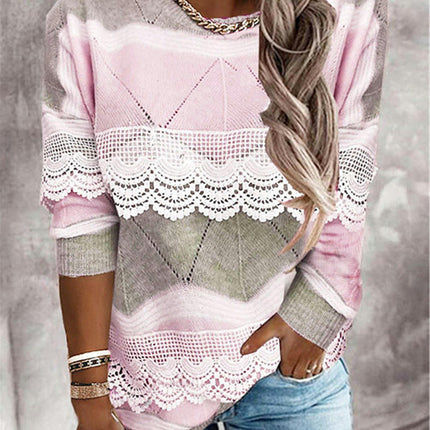 Women's Long Sleeve Lace Lace Crew Neck Knit Top Ice Cream Color Pullover Sweater