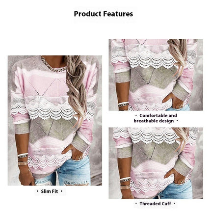 Women's Long Sleeve Lace Lace Crew Neck Knit Top Ice Cream Color Pullover Sweater