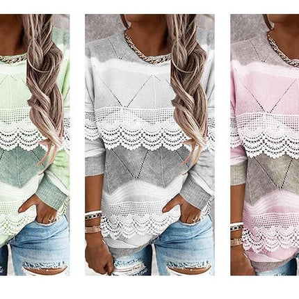 Women's Long Sleeve Lace Lace Crew Neck Knit Top Ice Cream Color Pullover Sweater