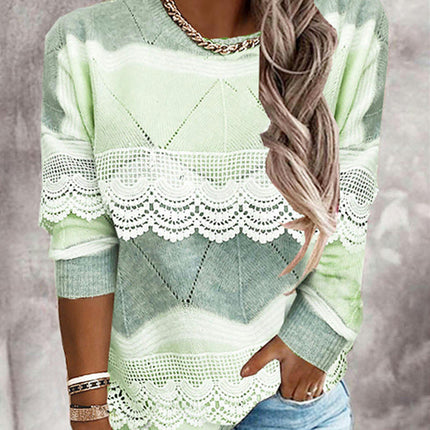 Women's Long Sleeve Lace Lace Crew Neck Knit Top Ice Cream Color Pullover Sweater