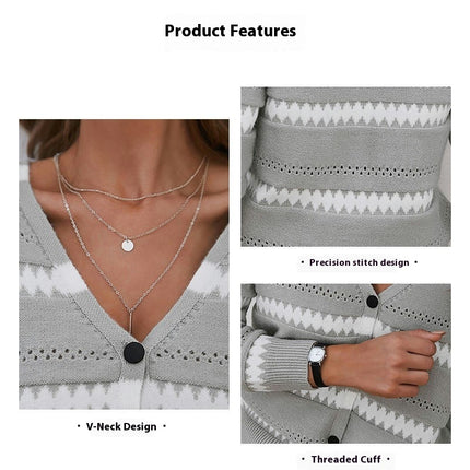 Women's Single Button V Neck Long Sleeve Knitted Cardigan Striped Slim Fit Short Knit Sweater