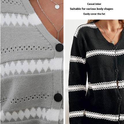 Women's Single Button V Neck Long Sleeve Knitted Cardigan Striped Slim Fit Short Knit Sweater