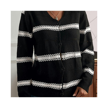 Women's Single Button V Neck Long Sleeve Knitted Cardigan Striped Slim Fit Short Knit Sweater