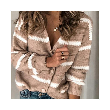 Women's Single Button V Neck Long Sleeve Knitted Cardigan Striped Slim Fit Short Knit Sweater