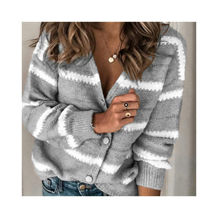 Women's Single Button V Neck Long Sleeve Knitted Cardigan Striped Slim Fit Short Knit Sweater