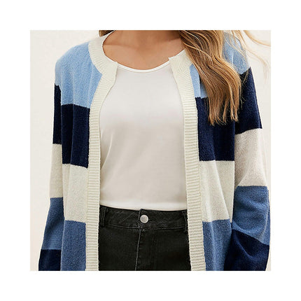 Women's Long Sleeve Short Colorblocked Knit Cardigan Casual Loose Basic Knit Jacket