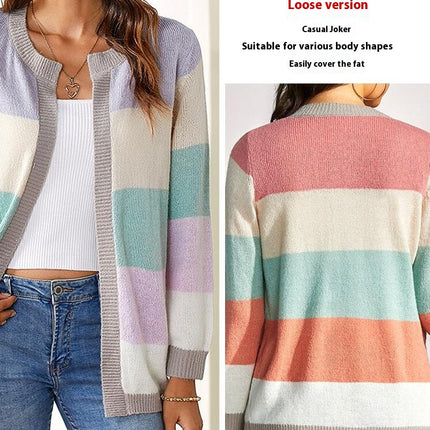 Women's Long Sleeve Short Colorblocked Knit Cardigan Casual Loose Basic Knit Jacket