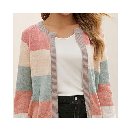 Women's Long Sleeve Short Colorblocked Knit Cardigan Casual Loose Basic Knit Jacket