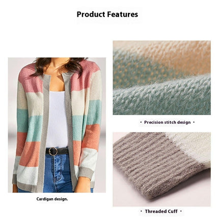 Women's Long Sleeve Short Colorblocked Knit Cardigan Casual Loose Basic Knit Jacket