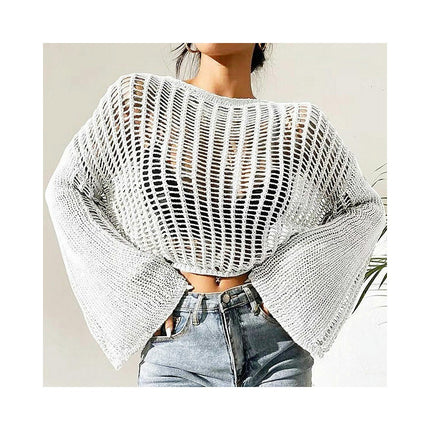 Women's Hollow See-through Cropped Top Bell Sleeve Loose Air Conditioned Pullover