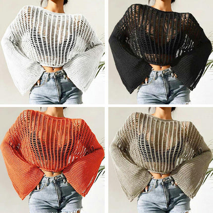 Women's Hollow See-through Cropped Top Bell Sleeve Loose Air Conditioned Pullover