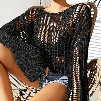 Women's Hollow See-through Cropped Top Bell Sleeve Loose Air Conditioned Pullover