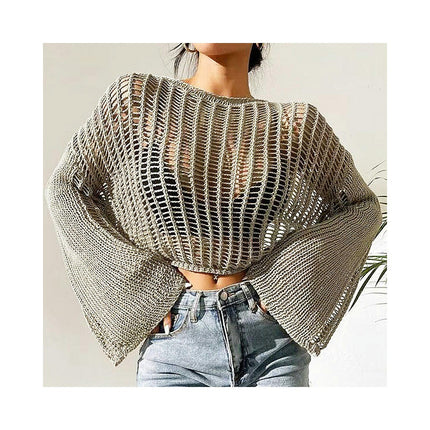 Women's Hollow See-through Cropped Top Bell Sleeve Loose Air Conditioned Pullover