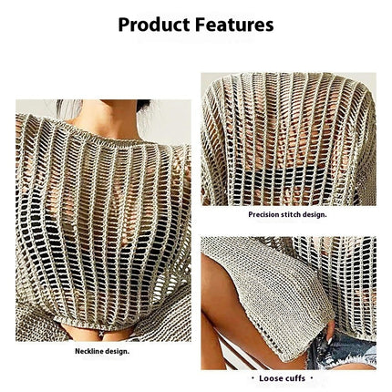 Women's Hollow See-through Cropped Top Bell Sleeve Loose Air Conditioned Pullover