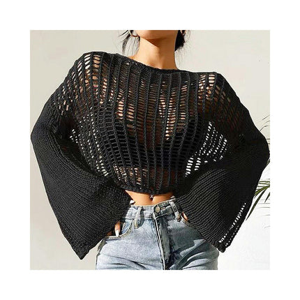 Women's Hollow See-through Cropped Top Bell Sleeve Loose Air Conditioned Pullover