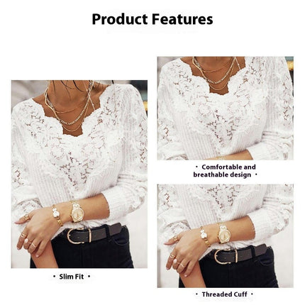 Womens Casual Crewneck Long Lace Patchwork Sleeve Sweater Knitted Pullover