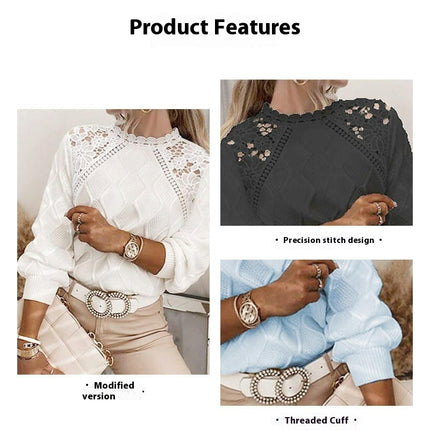 Women's Long Sleeve Round Neck Skeleton Lace Knit Sweater Casual Fashion Pullover Knit Top