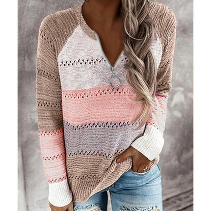 Women's Long Sleeve Color Clash Hollow Knit Sweater Half Open Zipper Knit Pullover Top