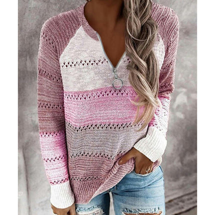 Women's Long Sleeve Color Clash Hollow Knit Sweater Half Open Zipper Knit Pullover Top