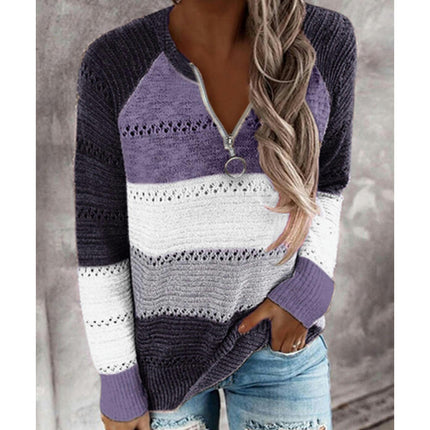 Women's Long Sleeve Color Clash Hollow Knit Sweater Half Open Zipper Knit Pullover Top