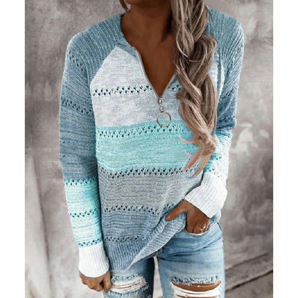 Women's Long Sleeve Color Clash Hollow Knit Sweater Half Open Zipper Knit Pullover Top