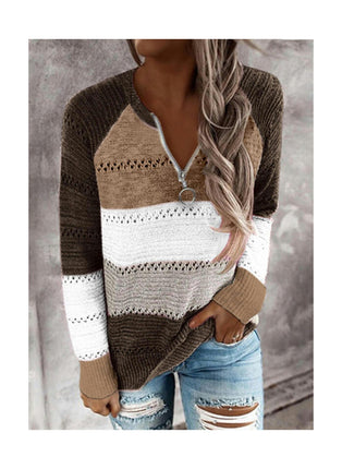 Women's Long Sleeve Color Clash Hollow Knit Sweater Half Open Zipper Knit Pullover Top