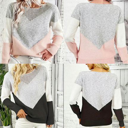 Women's Fashion Colorblocking Long Sleeve Round Neck Knit Casual Pullover Top