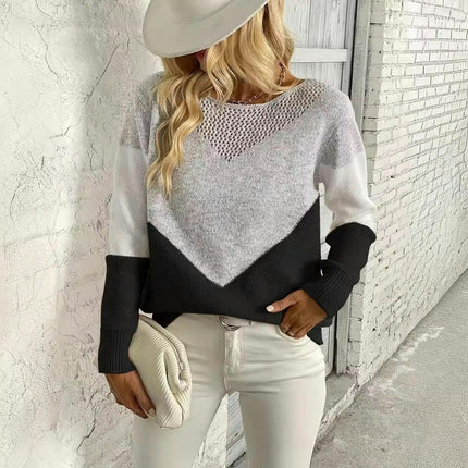 Women's Fashion Colorblocking Long Sleeve Round Neck Knit Casual Pullover Top