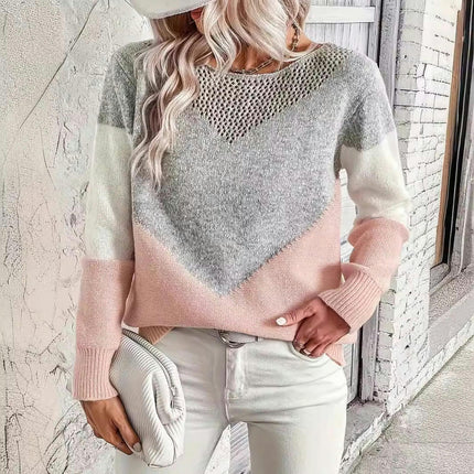 Women's Fashion Colorblocking Long Sleeve Round Neck Knit Casual Pullover Top