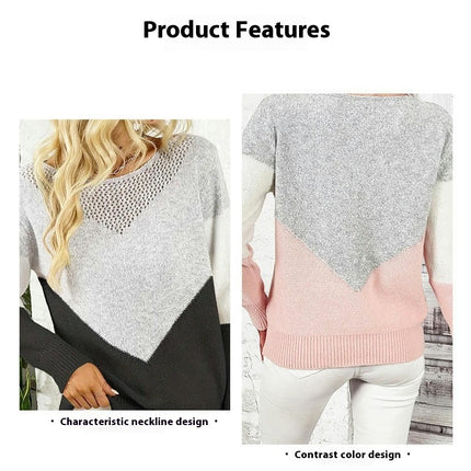 Women's Fashion Colorblocking Long Sleeve Round Neck Knit Casual Pullover Top