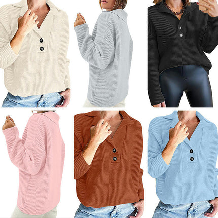 Women's Button V Neck Collar Sweatshirt Long Sleeve Ribbed Knit Pullover Tops