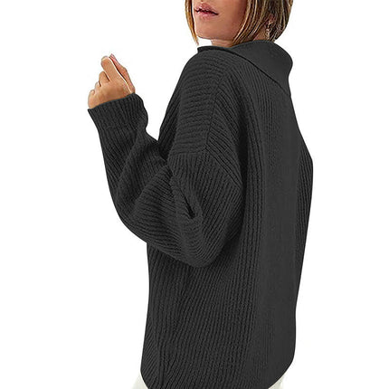 Women's Button V Neck Collar Sweatshirt Long Sleeve Ribbed Knit Pullover Tops