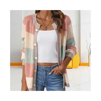 Women's Color Block Knitted Sweater Round Neck Loose Buttonless Cardigan