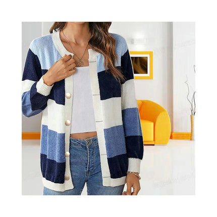 Women's Color Block Knitted Sweater Round Neck Loose Buttonless Cardigan