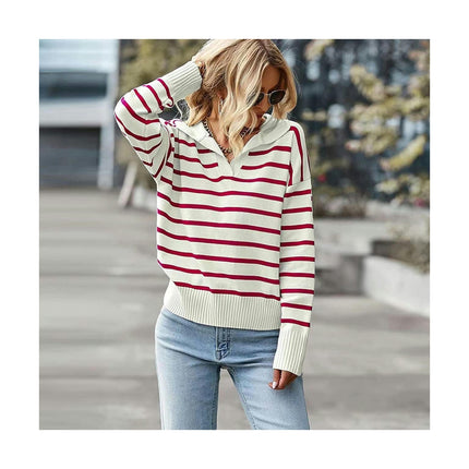 Women's Long Sleeve Knitted Casual Lapel Striped Knitted Top