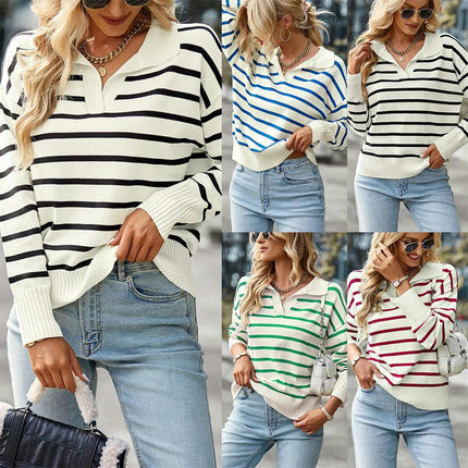 Women's Long Sleeve Knitted Casual Lapel Striped Knitted Top