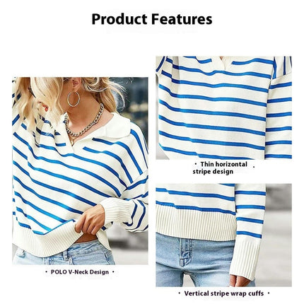 Women's Long Sleeve Knitted Casual Lapel Striped Knitted Top