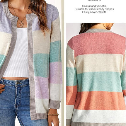 Women's Color Block Knitted Sweater Round Neck Loose Buttonless Cardigan