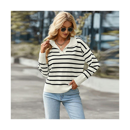 Women's Long Sleeve Knitted Casual Lapel Striped Knitted Top