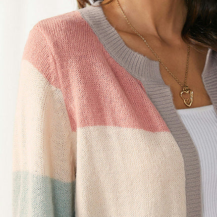 Women's Color Block Knitted Sweater Round Neck Loose Buttonless Cardigan