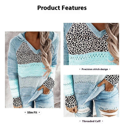 Women Leopard Hooded Knit Pullover Top Striped Colorblocking Loose Knit Sweater