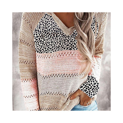 Women Leopard Hooded Knit Pullover Top Striped Colorblocking Loose Knit Sweater